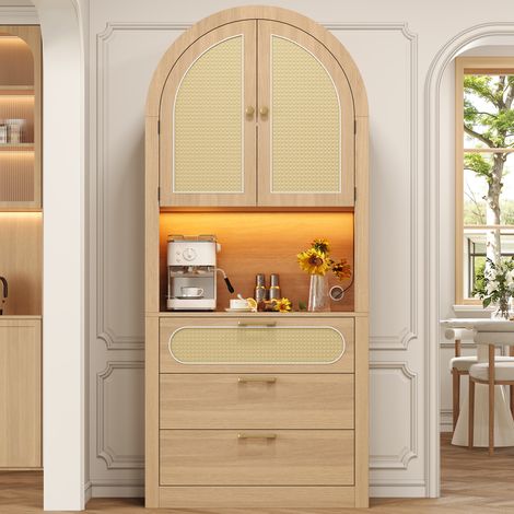 Meuble de rangement et vitrine moderne voûté, 180 cm de haut, LED réglable, portes en rotin, 1 compartiment d'exposition + 2 étagères + 3 tiroirs, pour salon et entrée, chêne clair, 80 x 35 x 180 cm (1/5)