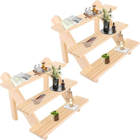 Lot de 2 présentoirs à 3 marches en bois pour escalier, présentoir pour boucles d'oreilles avec rainure, présentoir à bijoux en bois pour travaux manuels, figurines, bijoux, rouge à lèvres, vernis à o (1/4)