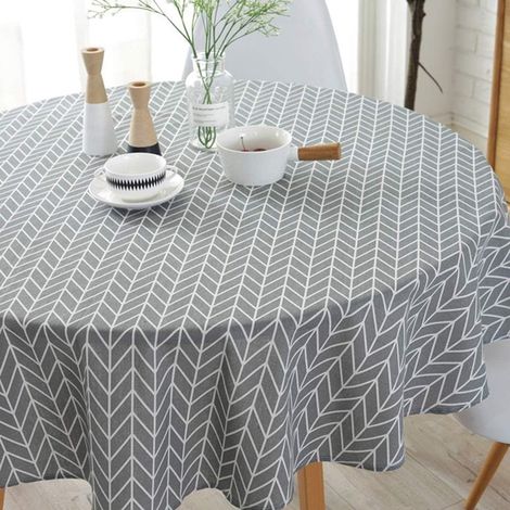 Nappe ronde décorative gris coton lin 150x150cm style nordique, lavable machine, pour pique-nique extérieur (1/5)