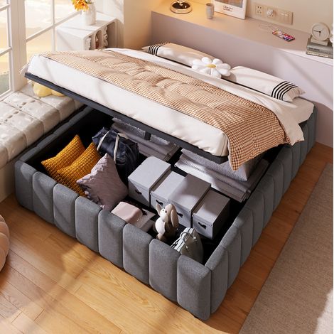 Lit coffre 140x200 cm avec rangement hydraulique, en lin gris, sans tête de lit ni matelas (1/5)