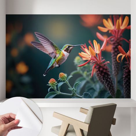 Papier peint adhésif décoratif avec colle pour salon chambre et bureau Installation rapide Fleurs de colibri 104x70 cm (1/5)