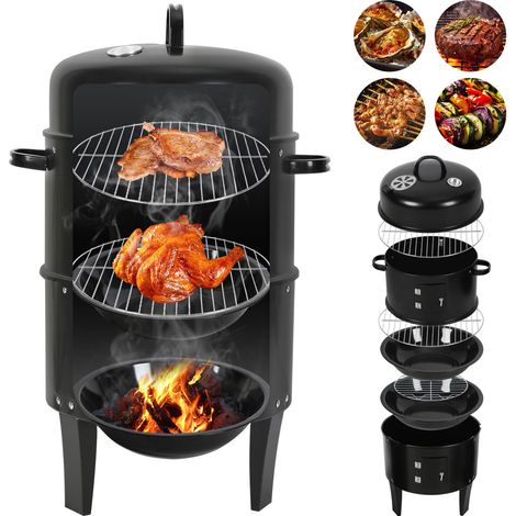 Jiubiaz 3 en 1 Barbecue Fumoir BBQ Charbon de Bois Thermomètre intégré avec Thermomètre intégré, Réglage d'air, Bac à eau, 3 Grilles de Cuisson (1/5)