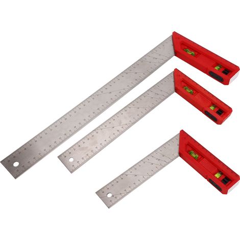 Équerre menuiserie inox rouge argent 20 cm avec bulle niveau et gravure laser pour pro bricolage 90 45°, 1 pièce (1/5)