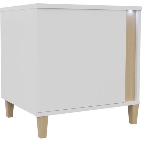 Mesilla de noche Florem I, Blanco + Blanco brillante + Luminoso madera, Número de cajones: 0, Número de puertas: 1, 50x52x40cm, Aglomerado laminado, LED