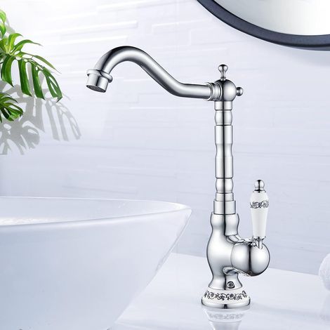 Basin Faucet,  360° Swivel High Basin Mixer Tap,  Brass Bathroom Faucet,  Retro Basin Mixer Tap,  G3/8,  Silver (1/5)