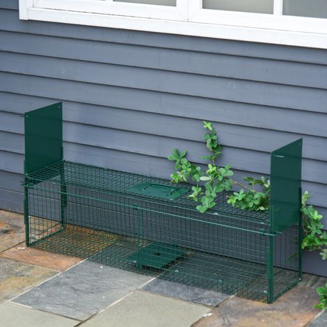 Trappola per animali vivi PawHut, gabbia di cattura in metallo con 2 porte e maniglia per conigli, visoni, piccole volpi, 100x25x28 cm, verde scuro