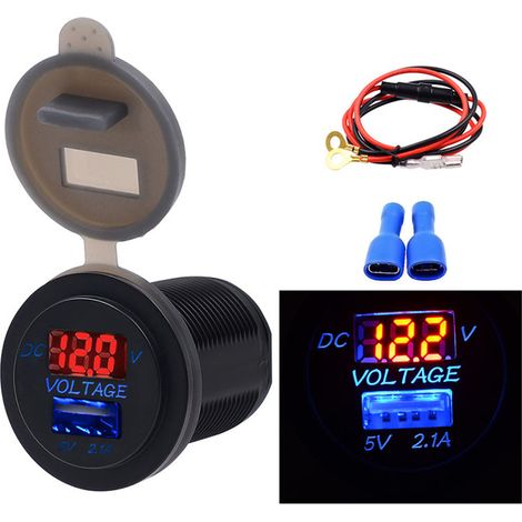 Chargeur de voiture USB 2.1A voltmètre LED rouge ABS noir IP66 12-24V pour auto moto bateau 2.9cm kit 1 chargeur 2 bornes bleues 1 câble rouge noir 60cm (1/5)