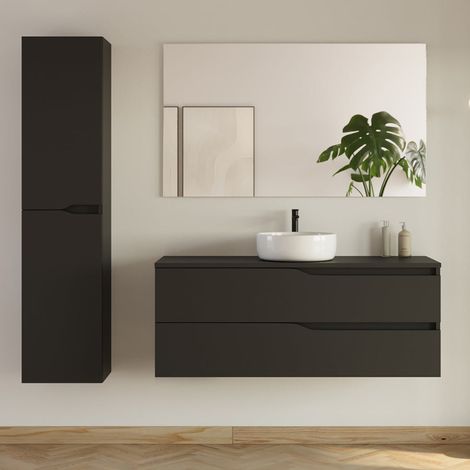 Meuble de salle de bain 120cm avec plateau et vasque ronde Ares - 2 tiroirs et colonne de rangement - noir mat - LUNA