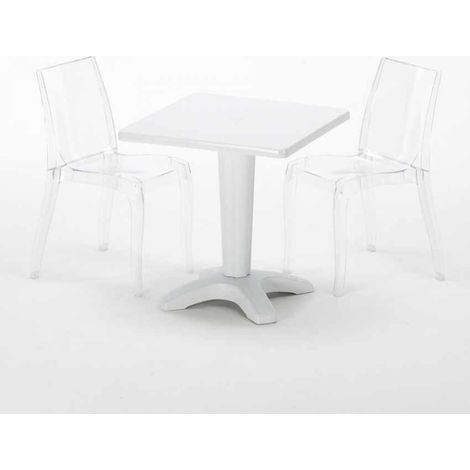 Weiß Quadratisch Tisch und 2 Stühle Farbiges Polypropylen-Innenmastenset Grand Soleil Cristal Light Terrace - Transparent