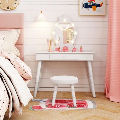 Espace Beauté et Bureau Coiffeuse Fille Miroir LED Amovible 3 Couleurs et Tabouret pour Chambre d'Enfant (1/5)