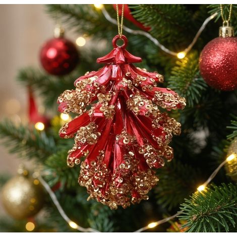 Pomme de pin décorative rouge et paillettes dorées 10×7 cm, ornement pour sapin de Noël (1/3)