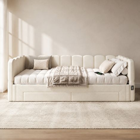 DESMIU Lit banquette 90 × 200 cm 1 place avec 2 tiroirs, USB et Type-C, extensible à 180 cm, sans matelas, beige (1/4)