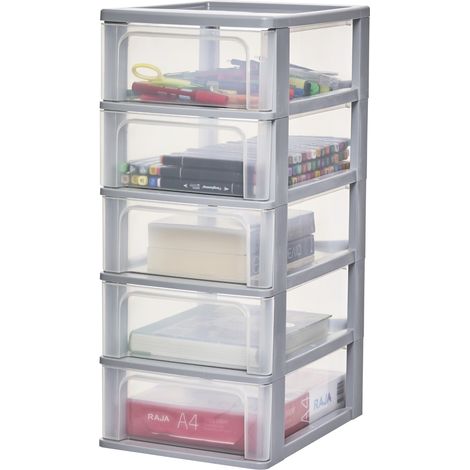 Iris Ohyama Cassettiera in Plastica, Portaoggetti, 5 Cassetti Medi, Grigio, Apertura Facile, Formato A4, A5 e A6, Organizzatore, Per Ufficio, Scuola, Cartoleria, Senza BPA, Contenitore, OCH-2005