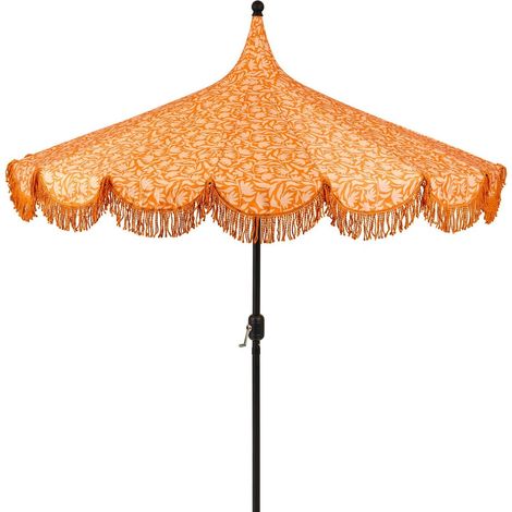 Parasol de Jardin Orange à Franges et Motif Floral Toile Polyester Mât Acier Ø 235 x H 238 cm - PANGIVO (1/5)
