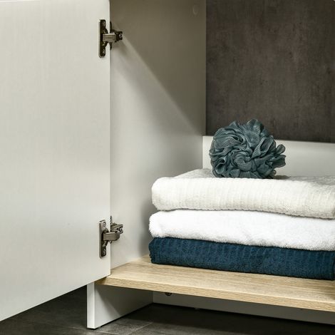 Meuble de rangement salle de bain blanc bois 77x45x60 cm, avec armoire et 2 tablettes, sous vasque (1/5)