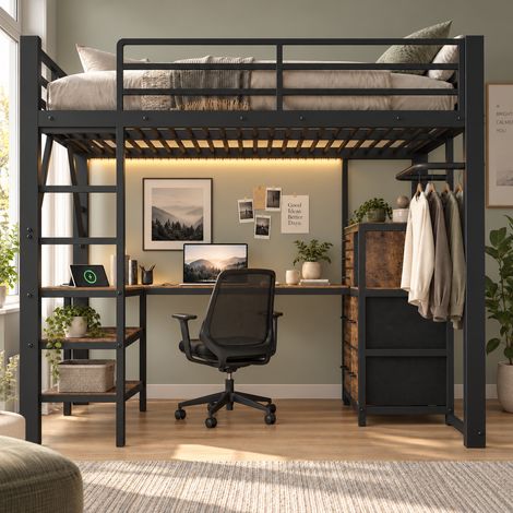 Lit mezzanine 140x200 cm métal avec bureau d’angle, LED, rangements en tissu, prise électrique et penderie, noir et marron (1/5)