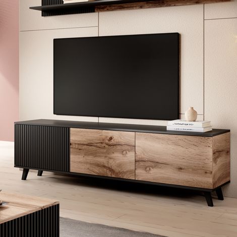 Meuble TV contemporain 180 cm noir et aspect chêne wotan PUMP (1/5)