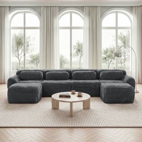 Sofa modular aus Plüschstoff in Grau, ohne Montage, frei kombinierbar in U- oder L-Form, rutschfeste Basis