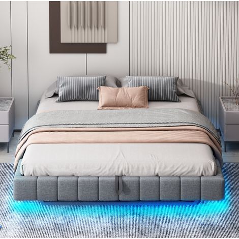 Cama con espacio de almacenamiento tapizada en lino gris 180x200 cm con LED, somier de láminas y estructura metálica (1/5)