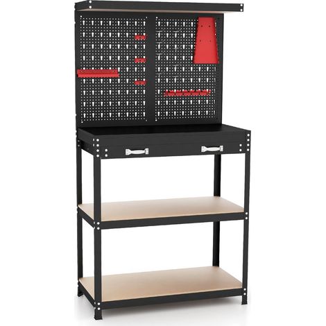 Établi de rangement pour outils avec panneaux perforés, étagères et tiroirs - Rouge (1/5)