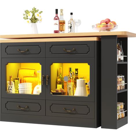 CHICFURN Tavolo bar estensibile 135-203 cm in MDF nero con contenitore, LED e rotazione 360° (1/5)