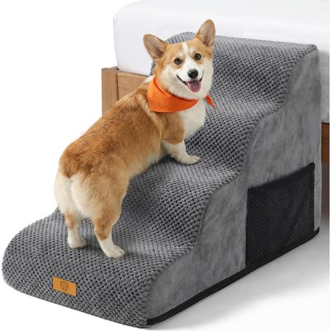 Escalier pour Chien Chat 4 Marches Antidérapant, 734051cm, Gris  Pente douce Protection Articulations, Poche de Rangement Latérale, charge max 23kg, Adapté canapé lit 45-52cm (1/5)