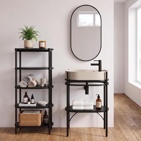 Meuble simple vasque sur pieds 55cm en métal noir et vasque béton et robinet noir, miroir et colonne (1/5)