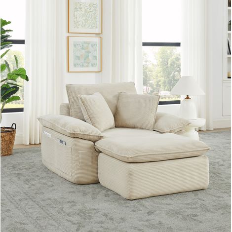Modulares Bodensofa Beige aus Stoff mit Fußstütze und Seitentaschen (1/5)