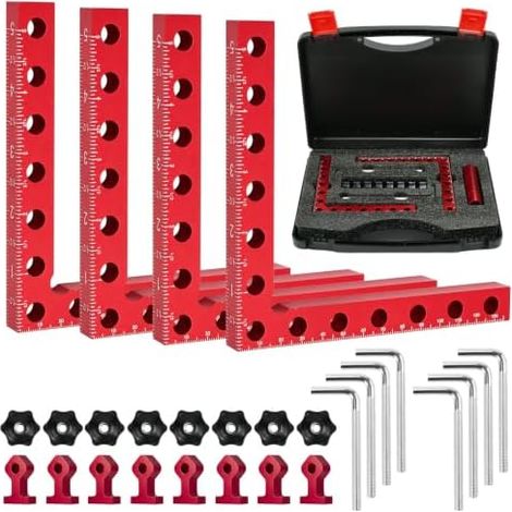 Kit de 4 Équerres de Positionnement à 90°, Blocs de Serrage en Aluminium 14 x 14 cm avec Étui de Rangement, Outils de Menuiserie Professionnels pour Cadres, Tiroirs, Assemblage d'Angles (1/5)