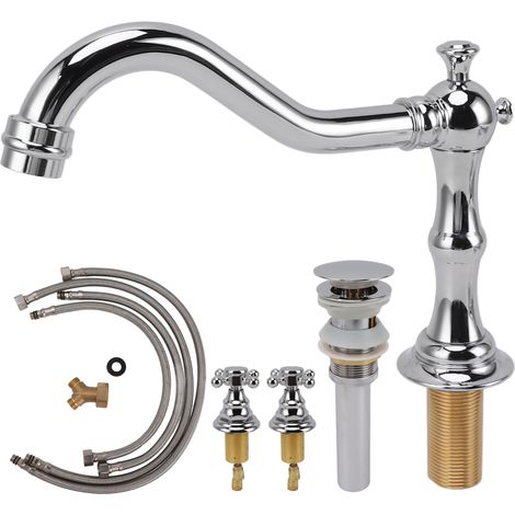 Robinet lavabo vintage argenté, double poignée, mélangeur eau chaude/froide, laiton massif brossé, style européen, pour salle de bain. (1/5)