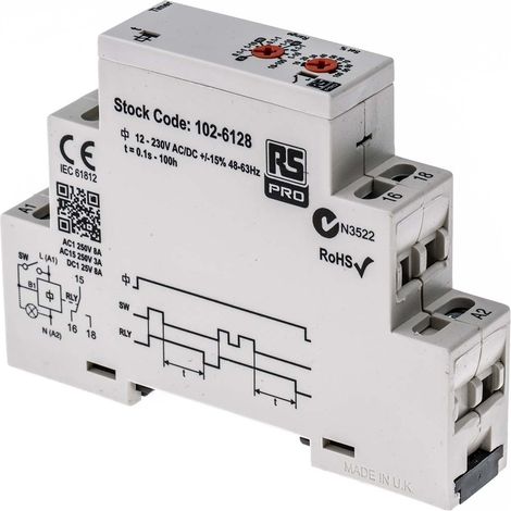 Relais temporisé RS PRO, 12  230V c.a. / V c.c., Rail DIN ( Prix pour 1 )