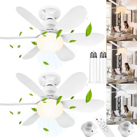 Ventilateur de plafond LED 2 pièces avec tige d&aposextension et base E27, 3000-6500K,3 vitesses, minuterie, 100-240V, 52cm,blanc (1/5)
