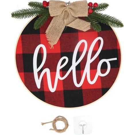 Hello Sign for Front Door Check Plaid Linen Round Front Door Wreaths for Christmas Decoration (1/5)