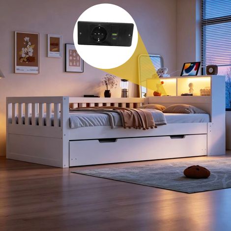 Lit simple blanc 90x200 cm en bois massif, avec tiroir gigogne, étagère et rangement intégré, prise électrique, éclairage LED et barrière de sécurité. Meuble lit malin et pratique. (1/5)