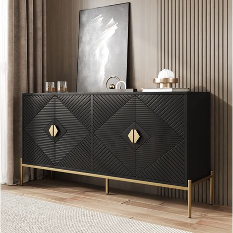 Aparador 162x40x80 cm negro en MDF y aglomerado con 4 puertas y patas metálicas (1/5)