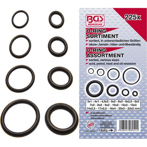 Bgs Technic – Assortiment de 225 joints toriques NBR 3 à 22 mm – Résistants à l'essence, chaleur et huile – Pour étanchéité efficace