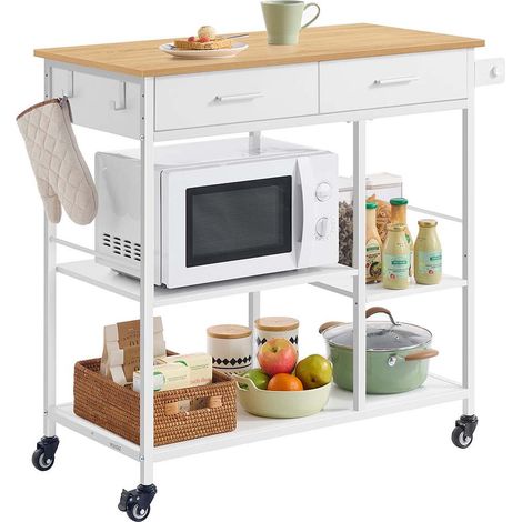 Carrello da cucina su ruote isola cucina mobile 45 x 60 x 90 cm con cassetto e 2 ganci per sala da pranzo rovere beige e bianco opaco 120008028