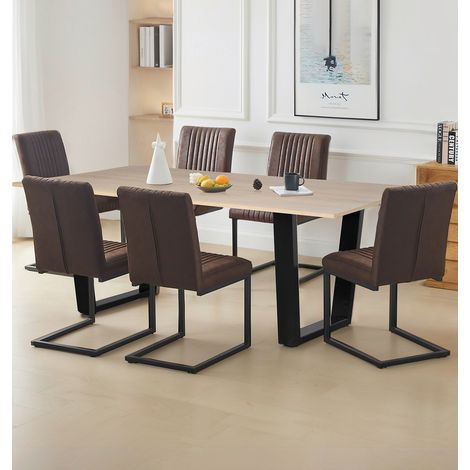 Hallowood Furniture Dudley Dining Table and Chairs Set 6, 180cm Kitchen Table with U Shaped Metal Legs and Brown Leather Effect Cantilever Chairs, 6 Seater Dining Set for Home and Office (1/5)