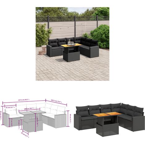 Salon de jardin 7 pcs avec coussins noir résine tressée - Ensemble Salon De Jardin - Meuble Extérieur - Résine Tressée - Rotin Synthétique - Table Extensible - Home & Living (1/3)