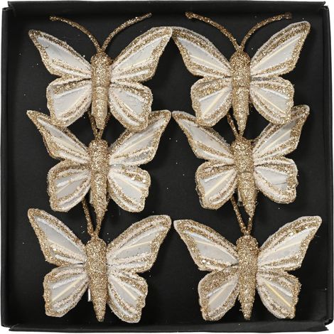 Set 6 farfalle in piume con clip 5 x 3,5 cm oro chiaro Peraga Christmas