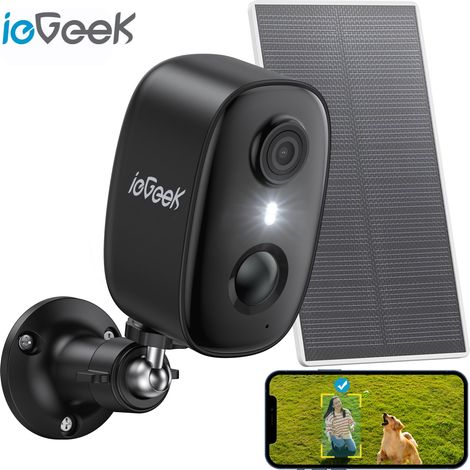 Caméra de sécurité solaire extérieure ieGeek avec projecteur et sirène, sans fil, WiFi, vision nocturne en couleur 2k/3mp, détection de mouvements par IA, compatible avec Alexa (uniquement compatible (1/5)