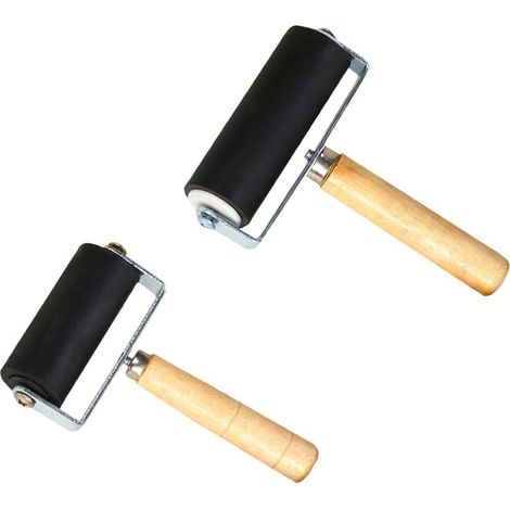 Lot de 2 rouleaux en caoutchouc - Avec poignée en bois - Noir - Pour techniques d'impression, tampons, loisirs créatifs et projets artistiques (10 cm/6 cm) (1/5)