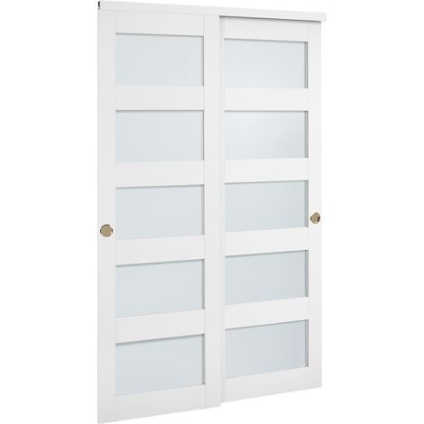Mophorn Puerta corredera para armario, diseñada para espacios de 1219 x 2032 mm, con doble hoja de 5 paneles de vidrio esmerilado y herrajes incluidos, fabricada en madera maciza y MDF, blanco