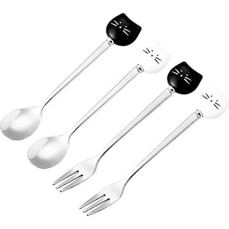 Cuillère Et Fourchette À Café Chat - Acier Inoxydable Et Céramique - Pour Dessert Boisson Fruits - 4 Pièces (1/5)