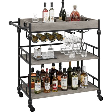Chariot de bar 3 niveaux industriel – Étagère à vin, plateau amovible, roulettes pratiques – Rangement moderne, Gris (1/4)