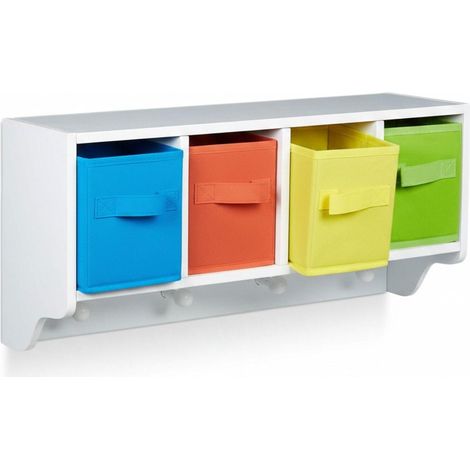 Etagère murale multifonction pour chambre d'enfant 28 x 61 x 16 cm avec boîtes de rangement et crochets décoratifs en MDF blanc (1/5)