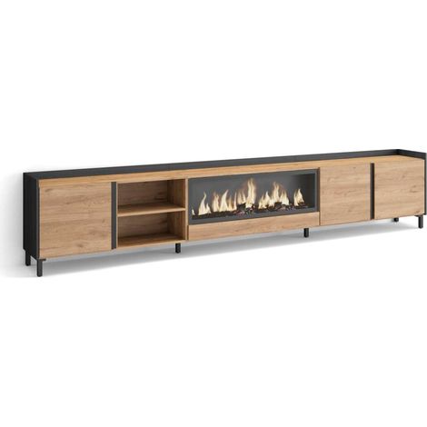 Mueble TV Alameda-02 de 315x61x35 cm con chimenea y luces LED, diseño industrial, color roble y negro (1/4)