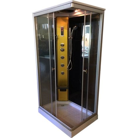 Douche hydromassage 100 x 70 cm – Colonne Or avec hydro-jet double fonction – Épaisseur de verre trempé 6 mm – Miroir et radio intégrés – Eliteshopping (1/5)