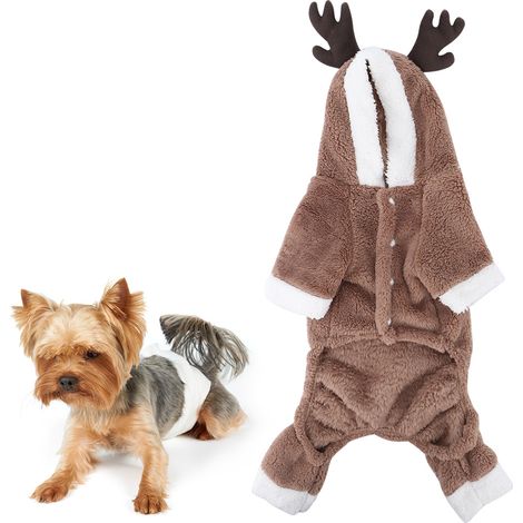 Costume De Noël Pour Chat Et Chien - En Polaire Corail Avec Boutons Et Bois De Renne - Vêtement D'Hiver Chaud - Taille Unique (1/5)