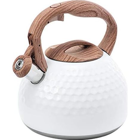 Bouilloire, Theiere induction, Bouilloire sifflante, Bouilloire à sifflet en acier inox, 3L grande capacité, manche bois, anti-brûlure, pour plaque à induction, plaque à gaz (1 Pièce, Blanc) (1/5)